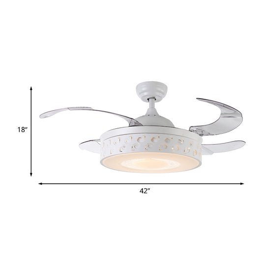 Drum Metal Pendant Fan Light Modern LED 42" W Bedroom Semi Flush Mount Lighting in White with Remote/Wall Control/Frequency Conversion and Remote Control, 4 Blades Clearhalo 'Ceiling Fans with Lights' 'Ceiling Fans' 'Modern Ceiling Fans' 'Modern' Lighting' 493603