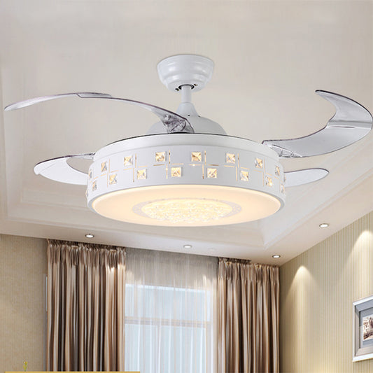 42" Wide Modern Drum Semi Flush Light LED Metal 4 Blades Pendant Fan Lamp in White, Remote/Wall Control/Frequency Conversion and Remote Control White Clearhalo 'Ceiling Fans with Lights' 'Ceiling Fans' 'Modern Ceiling Fans' 'Modern' Lighting' 493605