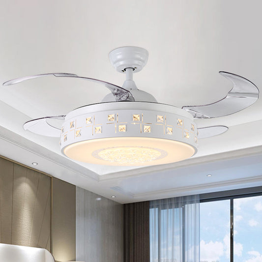 42" Wide Modern Drum Semi Flush Light LED Metal 4 Blades Pendant Fan Lamp in White, Remote/Wall Control/Frequency Conversion and Remote Control Clearhalo 'Ceiling Fans with Lights' 'Ceiling Fans' 'Modern Ceiling Fans' 'Modern' Lighting' 493606