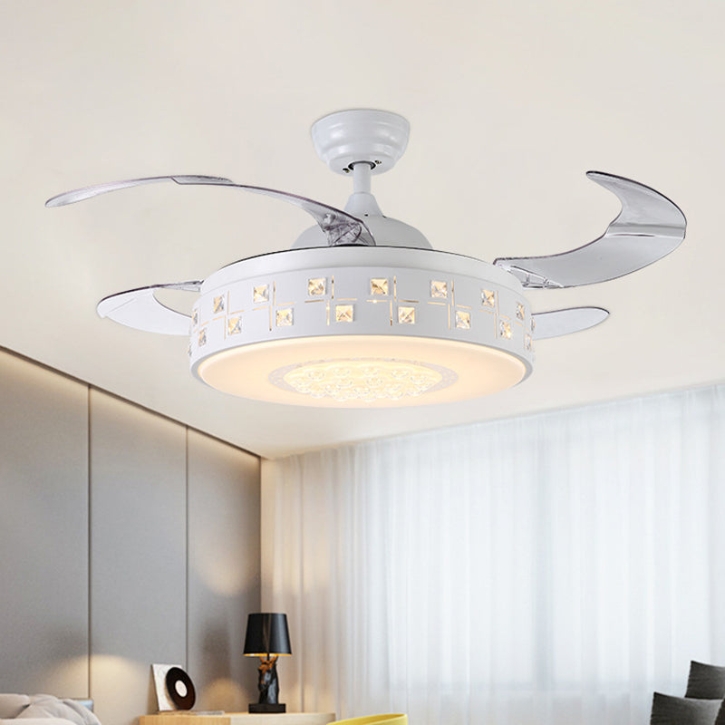 42" Wide Modern Drum Semi Flush Light LED Metal 4 Blades Pendant Fan Lamp in White, Remote/Wall Control/Frequency Conversion and Remote Control Clearhalo 'Ceiling Fans with Lights' 'Ceiling Fans' 'Modern Ceiling Fans' 'Modern' Lighting' 493607