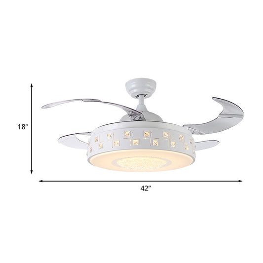 42" Wide Modern Drum Semi Flush Light LED Metal 4 Blades Pendant Fan Lamp in White, Remote/Wall Control/Frequency Conversion and Remote Control Clearhalo 'Ceiling Fans with Lights' 'Ceiling Fans' 'Modern Ceiling Fans' 'Modern' Lighting' 493609