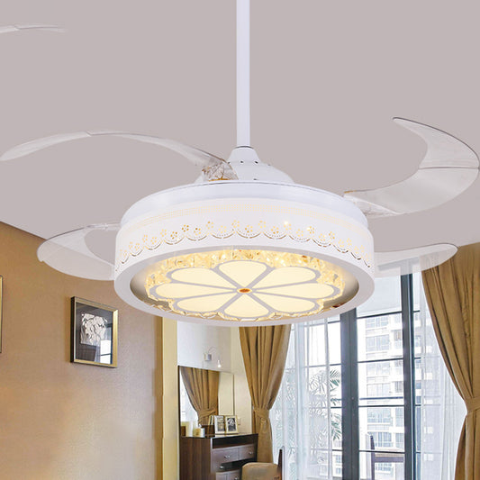 Flower Crystal Ceiling Fan Lighting Modern LED Living Room Semi Flush Light in White with 4 Clear Blades, 42" Wide Clearhalo 'Ceiling Fans with Lights' 'Ceiling Fans' 'Modern Ceiling Fans' 'Modern' Lighting' 493641