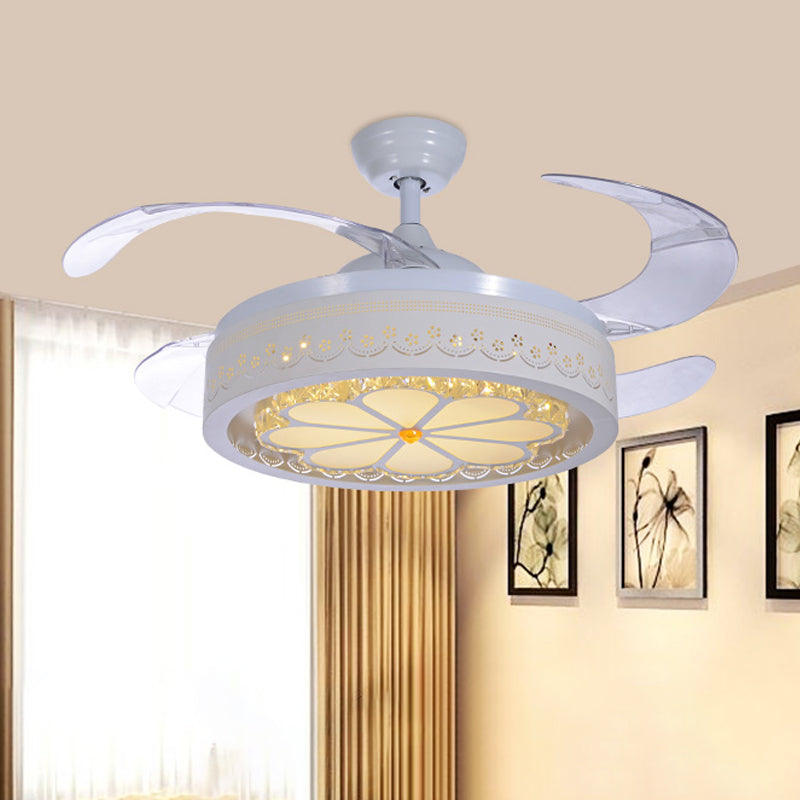Flower Crystal Ceiling Fan Lighting Modern LED Living Room Semi Flush Light in White with 4 Clear Blades, 42" Wide Clearhalo 'Ceiling Fans with Lights' 'Ceiling Fans' 'Modern Ceiling Fans' 'Modern' Lighting' 493642