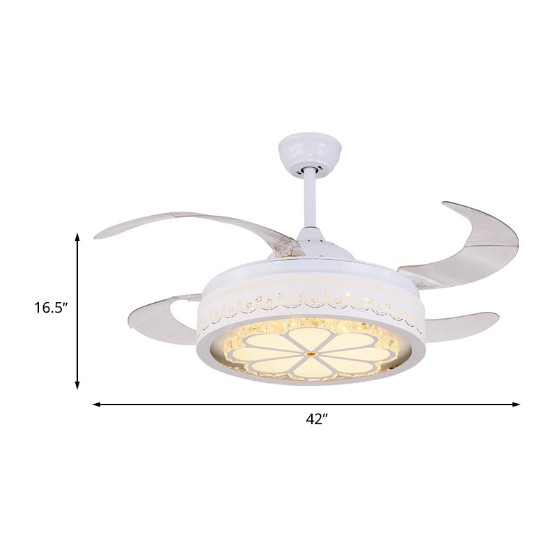 Flower Crystal Ceiling Fan Lighting Modern LED Living Room Semi Flush Light in White with 4 Clear Blades, 42" Wide Clearhalo 'Ceiling Fans with Lights' 'Ceiling Fans' 'Modern Ceiling Fans' 'Modern' Lighting' 493644