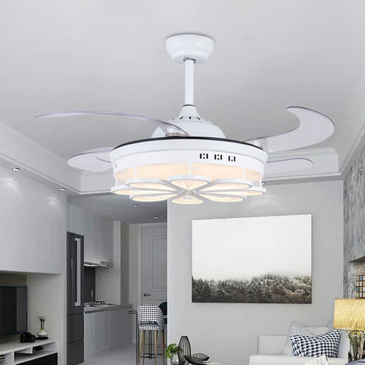 42" W White Floral Shape Fan Lighting Modernism Metal LED Bedroom 4 Blades Semi Flush Ceiling Light, Remote Control/Frequency Conversion and Remote Control White Clearhalo 'Ceiling Fans with Lights' 'Ceiling Fans' 'Modern Ceiling Fans' 'Modern' Lighting' 493645