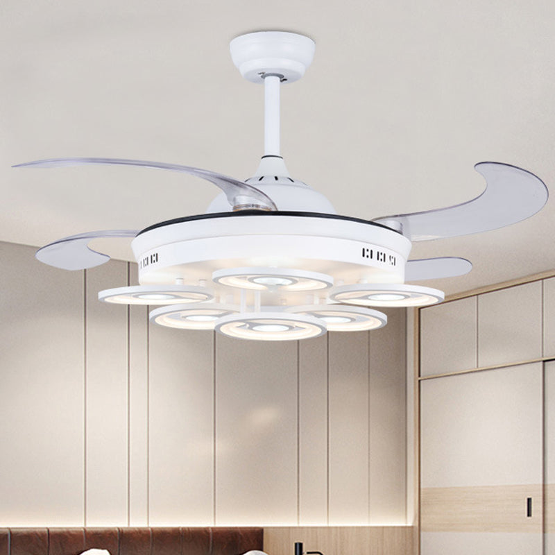 42" W White Floral Shape Fan Lighting Modernism Metal LED Bedroom 4 Blades Semi Flush Ceiling Light, Remote Control/Frequency Conversion and Remote Control Clearhalo 'Ceiling Fans with Lights' 'Ceiling Fans' 'Modern Ceiling Fans' 'Modern' Lighting' 493646