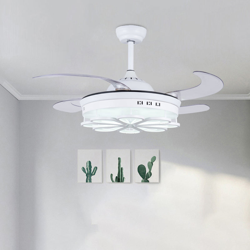 42" W White Floral Shape Fan Lighting Modernism Metal LED Bedroom 4 Blades Semi Flush Ceiling Light, Remote Control/Frequency Conversion and Remote Control Clearhalo 'Ceiling Fans with Lights' 'Ceiling Fans' 'Modern Ceiling Fans' 'Modern' Lighting' 493647