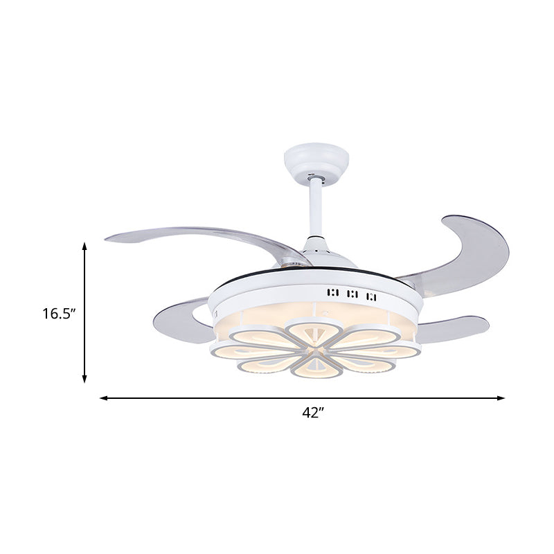 42" W White Floral Shape Fan Lighting Modernism Metal LED Bedroom 4 Blades Semi Flush Ceiling Light, Remote Control/Frequency Conversion and Remote Control Clearhalo 'Ceiling Fans with Lights' 'Ceiling Fans' 'Modern Ceiling Fans' 'Modern' Lighting' 493649