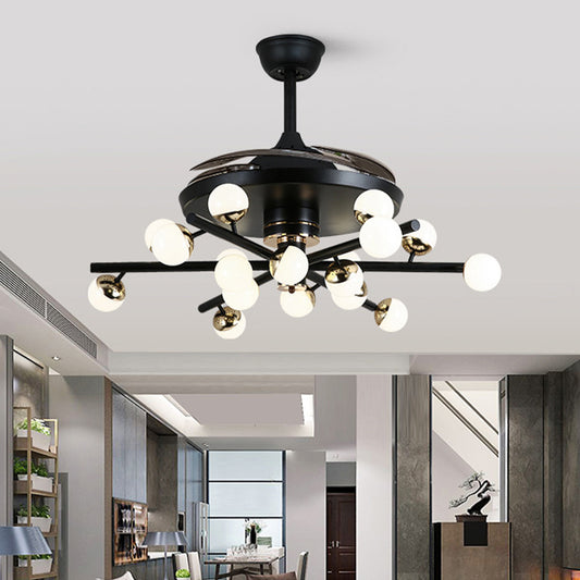 Metal Black/White Fan Lamp Sputnik 18 Heads Modern LED Semi Flush Mount Light Fixture with 4 Clear Blades, 42" Width Black Clearhalo 'Ceiling Fans with Lights' 'Ceiling Fans' 'Modern Ceiling Fans' 'Modern' Lighting' 493652