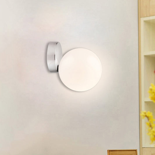 Round Ball Wall Light Sconce Modern Style Milk Glass 6"/8" W 1 Bulb Silver Finish Wall Mounted Lamp for Living Room Clearhalo 'Cast Iron' 'Glass' 'Industrial' 'Modern wall lights' 'Modern' 'Tiffany' 'Traditional wall lights' 'Wall Lamps & Sconces' 'Wall Lights' Lighting' 493665