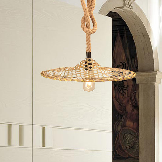 1 Bulb Flat Bamboo Hat Pendant Countryside Beige Rope Hanging Ceiling Light with Knots Design Clearhalo 'Ceiling Lights' 'Industrial Pendants' 'Industrial' 'Middle Century Pendants' 'Pendant Lights' 'Pendants' 'Tiffany' Lighting' 493685