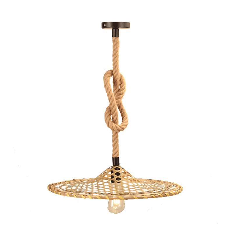 1 Bulb Flat Bamboo Hat Pendant Countryside Beige Rope Hanging Ceiling Light with Knots Design Clearhalo 'Ceiling Lights' 'Industrial Pendants' 'Industrial' 'Middle Century Pendants' 'Pendant Lights' 'Pendants' 'Tiffany' Lighting' 493686