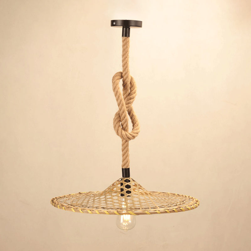 1 Bulb Flat Bamboo Hat Pendant Countryside Beige Rope Hanging Ceiling Light with Knots Design Clearhalo 'Ceiling Lights' 'Industrial Pendants' 'Industrial' 'Middle Century Pendants' 'Pendant Lights' 'Pendants' 'Tiffany' Lighting' 493687