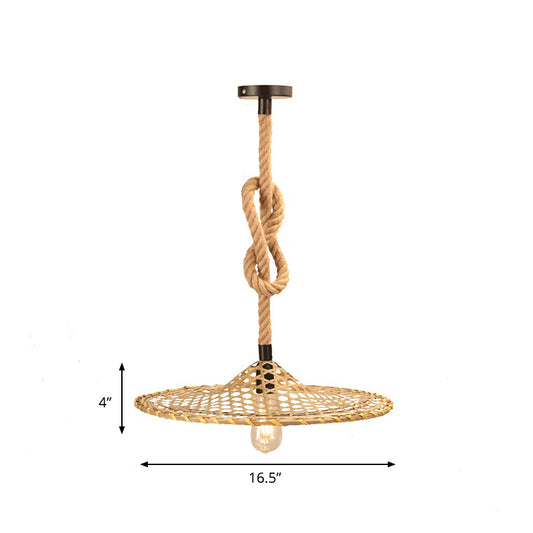 1 Bulb Flat Bamboo Hat Pendant Countryside Beige Rope Hanging Ceiling Light with Knots Design Clearhalo 'Ceiling Lights' 'Industrial Pendants' 'Industrial' 'Middle Century Pendants' 'Pendant Lights' 'Pendants' 'Tiffany' Lighting' 493688
