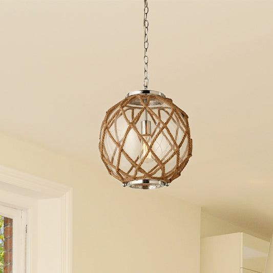 Globe Clear Glass Hanging Lighting Vintage 1 Head Corridor Suspension Lamp in Beige with Hand-Woven Rope Detail Clearhalo 'Ceiling Lights' 'Industrial Pendants' 'Industrial' 'Middle Century Pendants' 'Pendant Lights' 'Pendants' 'Tiffany' Lighting' 493690