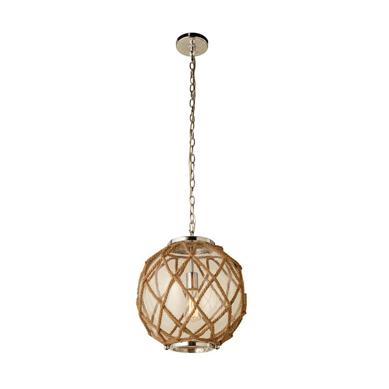 Globe Clear Glass Hanging Lighting Vintage 1 Head Corridor Suspension Lamp in Beige with Hand-Woven Rope Detail Clearhalo 'Ceiling Lights' 'Industrial Pendants' 'Industrial' 'Middle Century Pendants' 'Pendant Lights' 'Pendants' 'Tiffany' Lighting' 493691