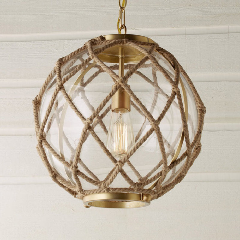 Globe Clear Glass Hanging Lighting Vintage 1 Head Corridor Suspension Lamp in Beige with Hand-Woven Rope Detail Clearhalo 'Ceiling Lights' 'Industrial Pendants' 'Industrial' 'Middle Century Pendants' 'Pendant Lights' 'Pendants' 'Tiffany' Lighting' 493692