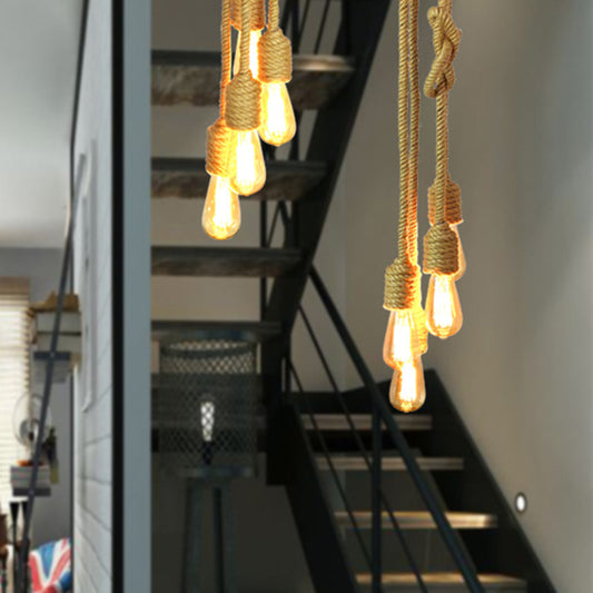 Industrial Bare Bulb Cluster Pendant Light 4 Heads Rope Hanging Ceiling Lamp in Beige with Knots Design Beige Clearhalo 'Ceiling Lights' 'Industrial Pendants' 'Industrial' 'Middle Century Pendants' 'Pendant Lights' 'Pendants' 'Tiffany' Lighting' 493719