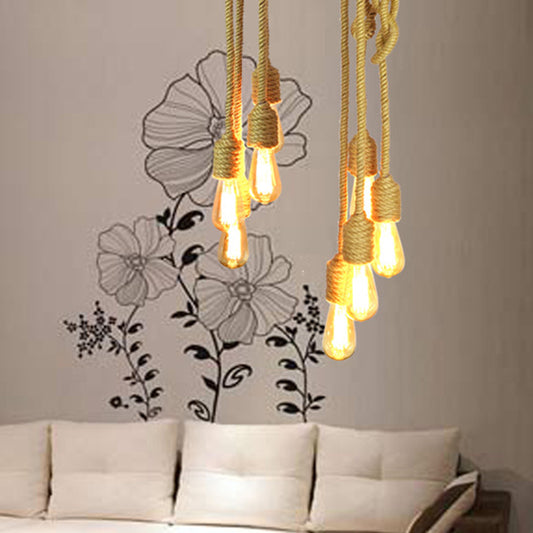 Industrial Bare Bulb Cluster Pendant Light 4 Heads Rope Hanging Ceiling Lamp in Beige with Knots Design Clearhalo 'Ceiling Lights' 'Industrial Pendants' 'Industrial' 'Middle Century Pendants' 'Pendant Lights' 'Pendants' 'Tiffany' Lighting' 493720