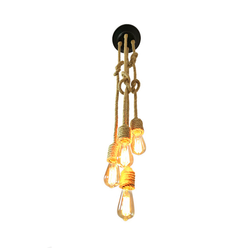 Industrial Bare Bulb Cluster Pendant Light 4 Heads Rope Hanging Ceiling Lamp in Beige with Knots Design Clearhalo 'Ceiling Lights' 'Industrial Pendants' 'Industrial' 'Middle Century Pendants' 'Pendant Lights' 'Pendants' 'Tiffany' Lighting' 493721