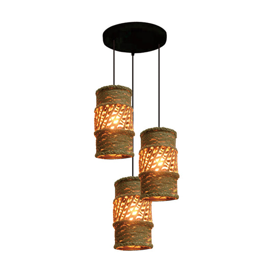 3-Head Ceiling Lighting Farmhouse Restaurant Cluster Pendant Lamp with Cylinder Rope Shade in Beige with Round Canopy Clearhalo 'Ceiling Lights' 'Industrial Pendants' 'Industrial' 'Middle Century Pendants' 'Pendant Lights' 'Pendants' 'Tiffany' Lighting' 493726