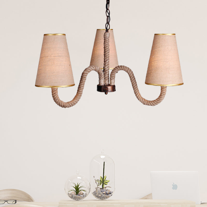 Beige 3/5/8 Heads Ceiling Chandelier Antiqued Rope Curved Arm Hanging Light Fixture with Cone Fabric Shade 3 Beige Clearhalo 'Ceiling Lights' 'Chandeliers' 'Industrial Chandeliers' 'Industrial' 'Middle Century Chandeliers' 'Tiffany' Lighting' 493735