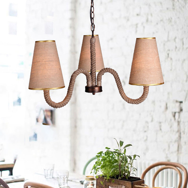Beige 3/5/8 Heads Ceiling Chandelier Antiqued Rope Curved Arm Hanging Light Fixture with Cone Fabric Shade Clearhalo 'Ceiling Lights' 'Chandeliers' 'Industrial Chandeliers' 'Industrial' 'Middle Century Chandeliers' 'Tiffany' Lighting' 493736