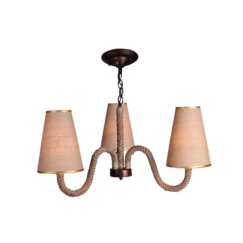 Beige 3/5/8 Heads Ceiling Chandelier Antiqued Rope Curved Arm Hanging Light Fixture with Cone Fabric Shade Clearhalo 'Ceiling Lights' 'Chandeliers' 'Industrial Chandeliers' 'Industrial' 'Middle Century Chandeliers' 'Tiffany' Lighting' 493737