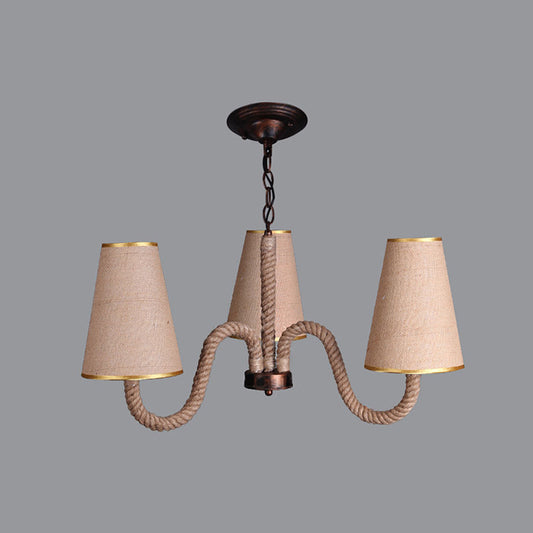 Beige 3/5/8 Heads Ceiling Chandelier Antiqued Rope Curved Arm Hanging Light Fixture with Cone Fabric Shade Clearhalo 'Ceiling Lights' 'Chandeliers' 'Industrial Chandeliers' 'Industrial' 'Middle Century Chandeliers' 'Tiffany' Lighting' 493738