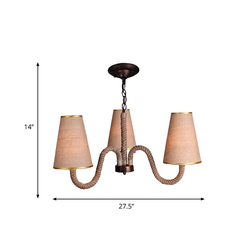 Beige 3/5/8 Heads Ceiling Chandelier Antiqued Rope Curved Arm Hanging Light Fixture with Cone Fabric Shade Clearhalo 'Ceiling Lights' 'Chandeliers' 'Industrial Chandeliers' 'Industrial' 'Middle Century Chandeliers' 'Tiffany' Lighting' 493739