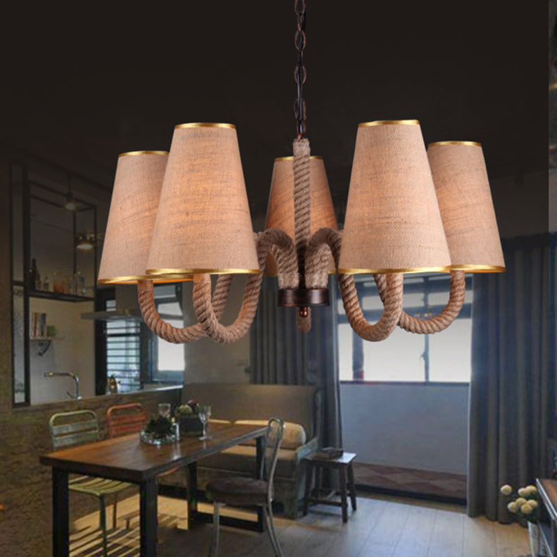 Beige 3/5/8 Heads Ceiling Chandelier Antiqued Rope Curved Arm Hanging Light Fixture with Cone Fabric Shade 5 Beige Clearhalo 'Ceiling Lights' 'Chandeliers' 'Industrial Chandeliers' 'Industrial' 'Middle Century Chandeliers' 'Tiffany' Lighting' 493740