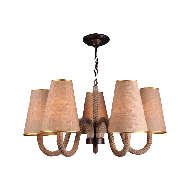 Beige 3/5/8 Heads Ceiling Chandelier Antiqued Rope Curved Arm Hanging Light Fixture with Cone Fabric Shade Clearhalo 'Ceiling Lights' 'Chandeliers' 'Industrial Chandeliers' 'Industrial' 'Middle Century Chandeliers' 'Tiffany' Lighting' 493741