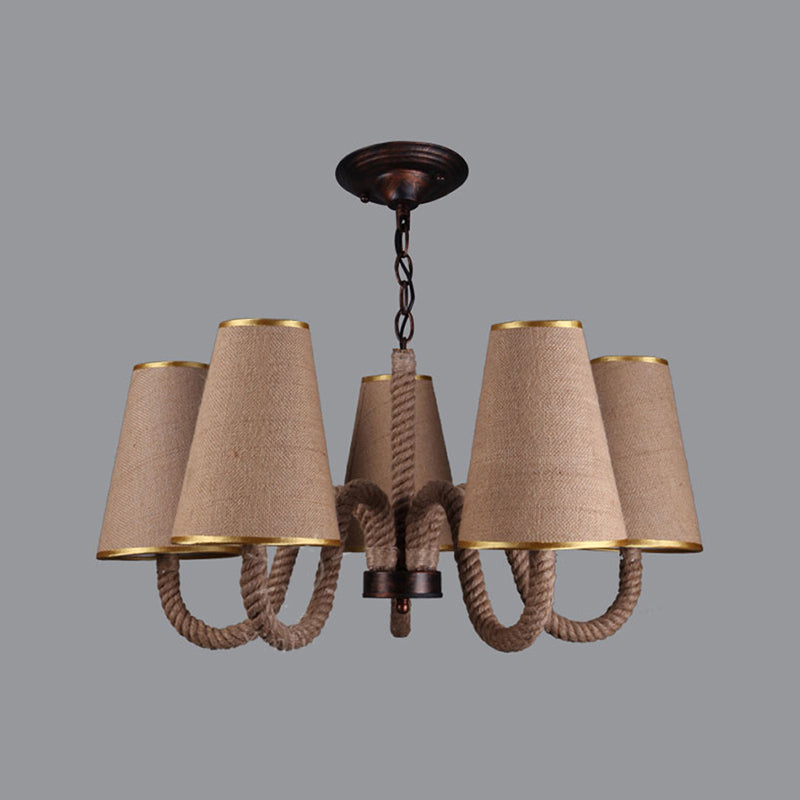 Beige 3/5/8 Heads Ceiling Chandelier Antiqued Rope Curved Arm Hanging Light Fixture with Cone Fabric Shade Clearhalo 'Ceiling Lights' 'Chandeliers' 'Industrial Chandeliers' 'Industrial' 'Middle Century Chandeliers' 'Tiffany' Lighting' 493742