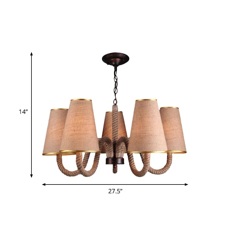 Beige 3/5/8 Heads Ceiling Chandelier Antiqued Rope Curved Arm Hanging Light Fixture with Cone Fabric Shade Clearhalo 'Ceiling Lights' 'Chandeliers' 'Industrial Chandeliers' 'Industrial' 'Middle Century Chandeliers' 'Tiffany' Lighting' 493743