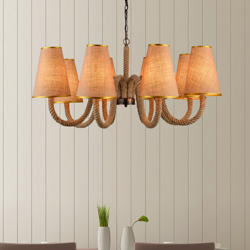 Beige 3/5/8 Heads Ceiling Chandelier Antiqued Rope Curved Arm Hanging Light Fixture with Cone Fabric Shade 8 Beige Clearhalo 'Ceiling Lights' 'Chandeliers' 'Industrial Chandeliers' 'Industrial' 'Middle Century Chandeliers' 'Tiffany' Lighting' 493744