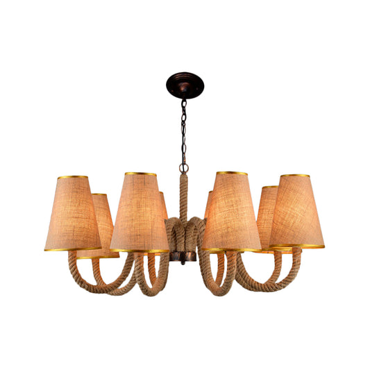 Beige 3/5/8 Heads Ceiling Chandelier Antiqued Rope Curved Arm Hanging Light Fixture with Cone Fabric Shade Clearhalo 'Ceiling Lights' 'Chandeliers' 'Industrial Chandeliers' 'Industrial' 'Middle Century Chandeliers' 'Tiffany' Lighting' 493745