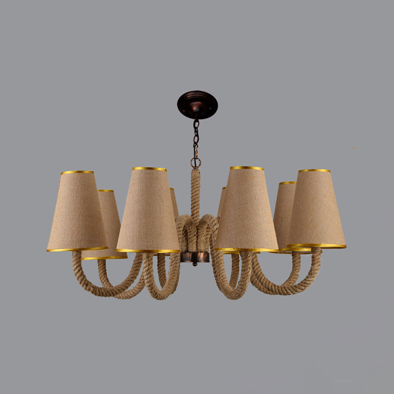Beige 3/5/8 Heads Ceiling Chandelier Antiqued Rope Curved Arm Hanging Light Fixture with Cone Fabric Shade Clearhalo 'Ceiling Lights' 'Chandeliers' 'Industrial Chandeliers' 'Industrial' 'Middle Century Chandeliers' 'Tiffany' Lighting' 493746