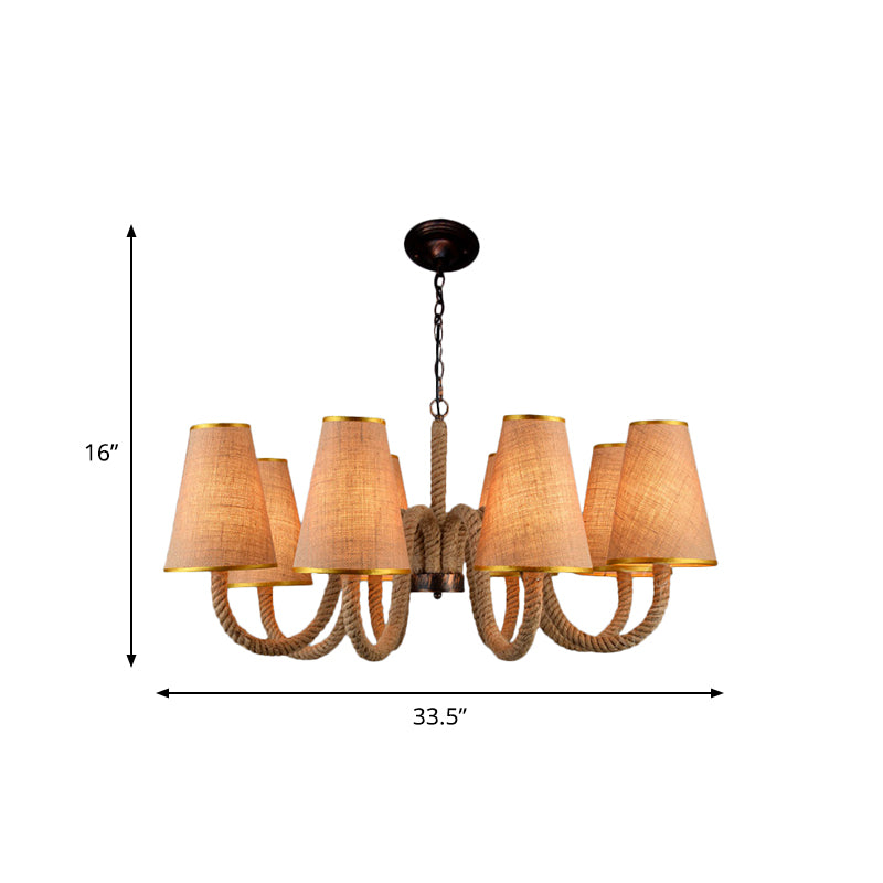 Beige 3/5/8 Heads Ceiling Chandelier Antiqued Rope Curved Arm Hanging Light Fixture with Cone Fabric Shade Clearhalo 'Ceiling Lights' 'Chandeliers' 'Industrial Chandeliers' 'Industrial' 'Middle Century Chandeliers' 'Tiffany' Lighting' 493747