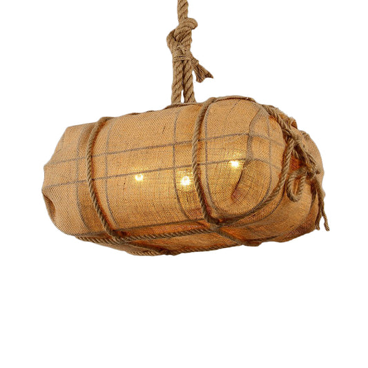 Rope Explosive Package Pendant Countryside 3 Bulbs Restaurant Fabric Chandelier Light in Beige Clearhalo 'Ceiling Lights' 'Chandeliers' 'Industrial Chandeliers' 'Industrial' 'Middle Century Chandeliers' 'Tiffany' Lighting' 493755