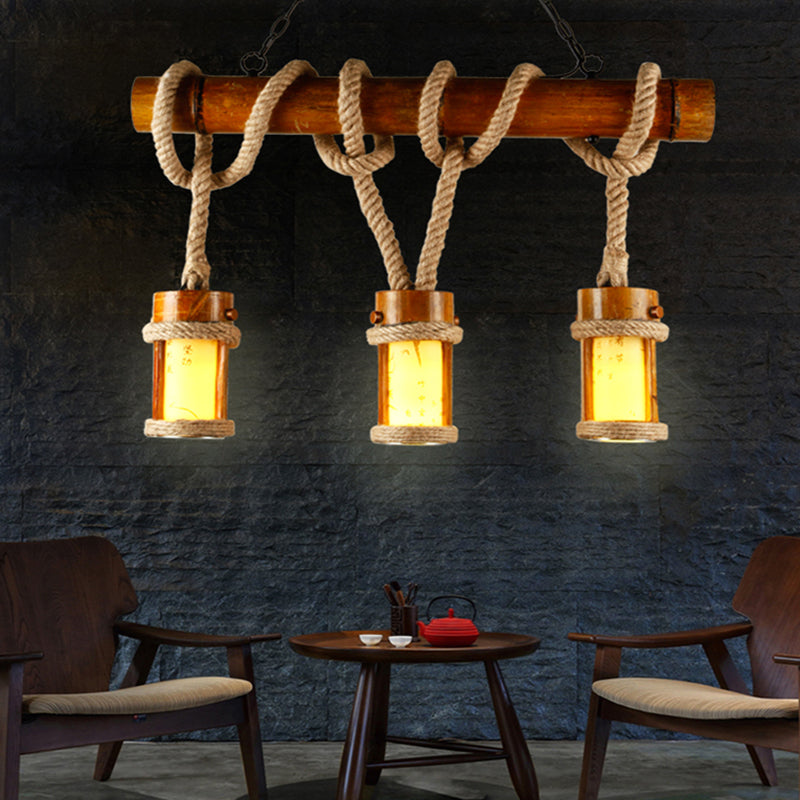 3 Bulbs Bamboo Island Lighting Vintage Wood Cylindrical Coffee House Pendant Lamp with Rope Cord Clearhalo 'Ceiling Lights' 'Chandeliers' 'Glass shade' 'Glass' 'Island Lights' Lighting' 493759