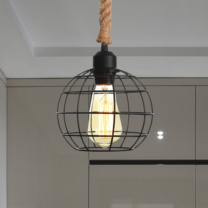 Wire Cage Dining Room Hanging Light Vintage Metallic 1 Bulb Black Pendant Lamp with Rope Cord Clearhalo 'Art Deco Pendants' 'Black' 'Cast Iron' 'Ceiling Lights' 'Ceramic' 'Crystal' 'Industrial Pendants' 'Industrial' 'Metal' 'Middle Century Pendants' 'Pendant Lights' 'Pendants' 'Rustic Pendants' 'Tiffany' Lighting' 493793