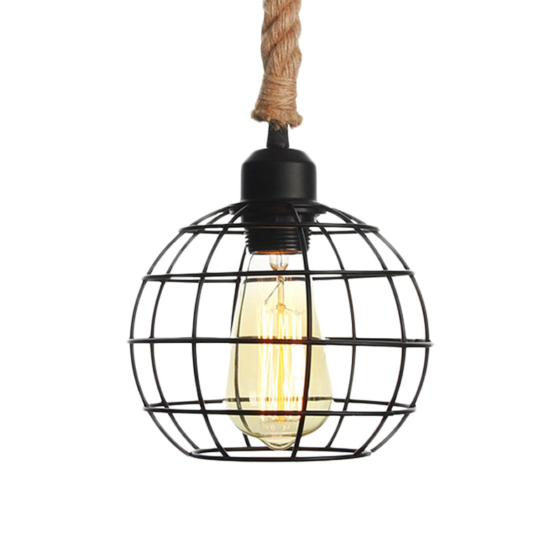 Wire Cage Dining Room Hanging Light Vintage Metallic 1 Bulb Black Pendant Lamp with Rope Cord Clearhalo 'Art Deco Pendants' 'Black' 'Cast Iron' 'Ceiling Lights' 'Ceramic' 'Crystal' 'Industrial Pendants' 'Industrial' 'Metal' 'Middle Century Pendants' 'Pendant Lights' 'Pendants' 'Rustic Pendants' 'Tiffany' Lighting' 493794