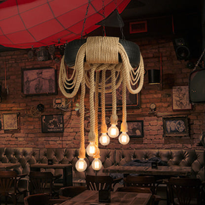 6 Lights Bare Bulb Pendant Chandelier Industrial Beige Rope Ceiling Lamp with Tyre Design Beige Clearhalo 'Ceiling Lights' 'Chandeliers' 'Industrial Chandeliers' 'Industrial' 'Middle Century Chandeliers' 'Tiffany' Lighting' 493800