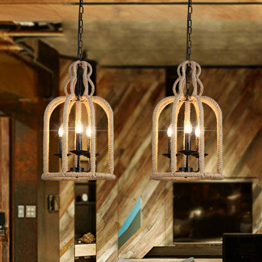 Beige 3 Heads Chandelier Light Industrial Rope Bird Cage Ceiling Pendant Lamp for Coffee Shop Beige Clearhalo 'Ceiling Lights' 'Chandeliers' 'Industrial Chandeliers' 'Industrial' 'Middle Century Chandeliers' 'Tiffany' Lighting' 493806
