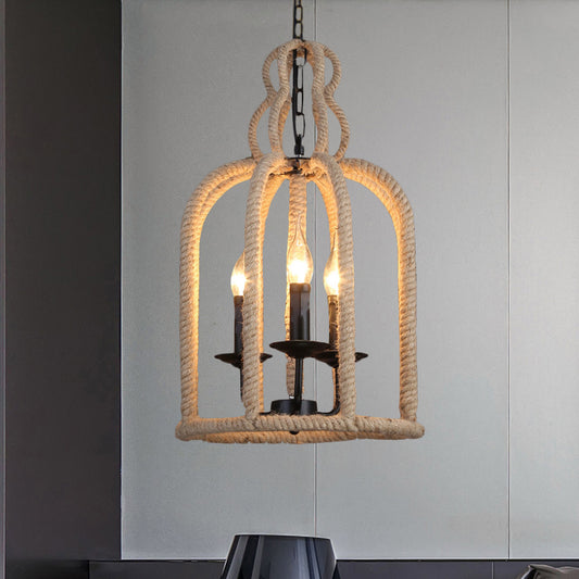Beige 3 Heads Chandelier Light Industrial Rope Bird Cage Ceiling Pendant Lamp for Coffee Shop Clearhalo 'Ceiling Lights' 'Chandeliers' 'Industrial Chandeliers' 'Industrial' 'Middle Century Chandeliers' 'Tiffany' Lighting' 493807