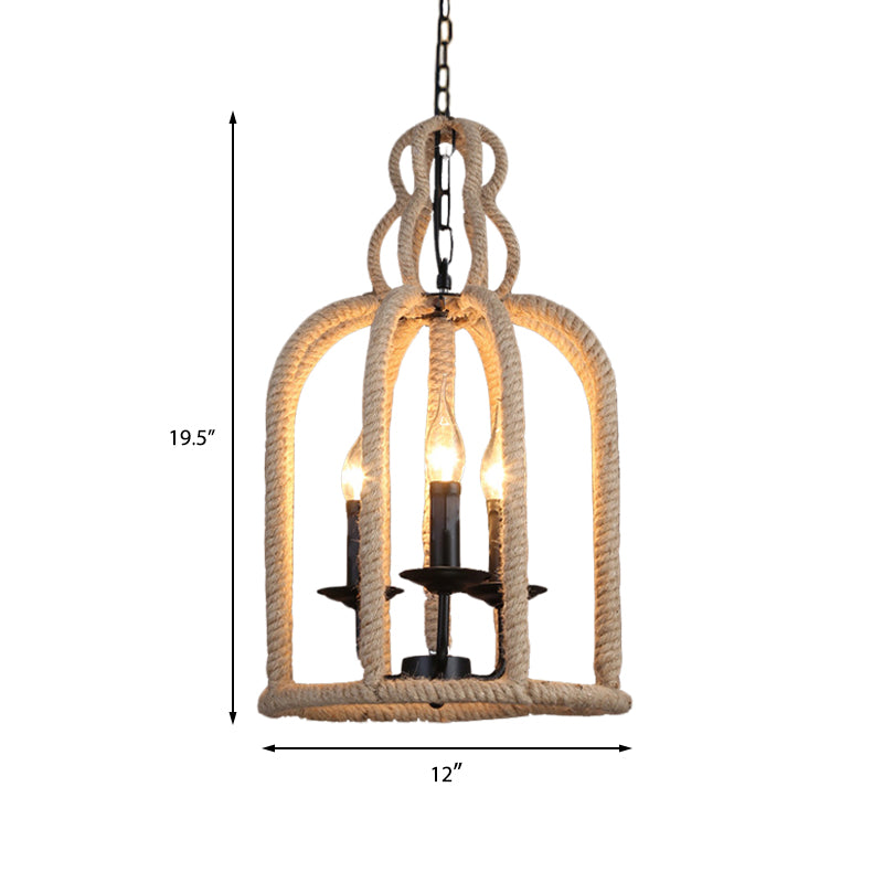 Beige 3 Heads Chandelier Light Industrial Rope Bird Cage Ceiling Pendant Lamp for Coffee Shop Clearhalo 'Ceiling Lights' 'Chandeliers' 'Industrial Chandeliers' 'Industrial' 'Middle Century Chandeliers' 'Tiffany' Lighting' 493810
