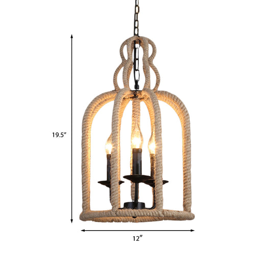 Beige 3 Heads Chandelier Light Industrial Rope Bird Cage Ceiling Pendant Lamp for Coffee Shop Clearhalo 'Ceiling Lights' 'Chandeliers' 'Industrial Chandeliers' 'Industrial' 'Middle Century Chandeliers' 'Tiffany' Lighting' 493810