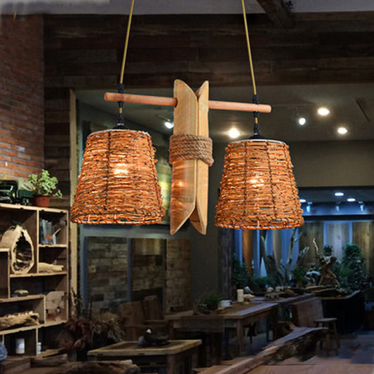 Rope Barrel Hanging Chandelier Farmhouse 2 Lights Restaurant Pendant Lamp in Beige with Bamboo Panel Deco Beige Clearhalo 'Ceiling Lights' 'Chandeliers' 'Industrial Chandeliers' 'Industrial' 'Middle Century Chandeliers' 'Tiffany' Lighting' 493811