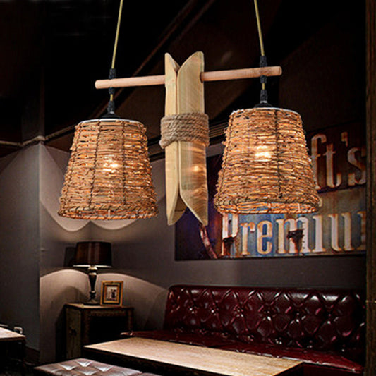Rope Barrel Hanging Chandelier Farmhouse 2 Lights Restaurant Pendant Lamp in Beige with Bamboo Panel Deco Clearhalo 'Ceiling Lights' 'Chandeliers' 'Industrial Chandeliers' 'Industrial' 'Middle Century Chandeliers' 'Tiffany' Lighting' 493812