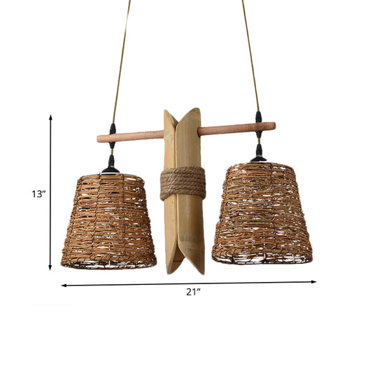 Rope Barrel Hanging Chandelier Farmhouse 2 Lights Restaurant Pendant Lamp in Beige with Bamboo Panel Deco Clearhalo 'Ceiling Lights' 'Chandeliers' 'Industrial Chandeliers' 'Industrial' 'Middle Century Chandeliers' 'Tiffany' Lighting' 493815
